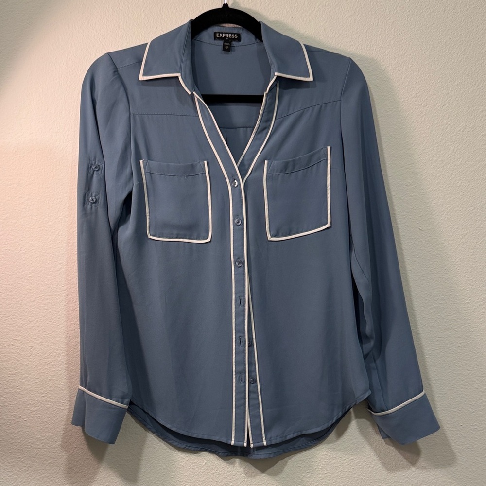 Express Women's Blue Button-Down Shirt with White Trim